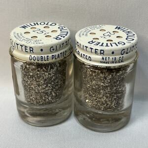 Vintage WILHOLD Light Gold GLITTER 2” Glass Shaker Bottle Lot of 2 Made USA FULL